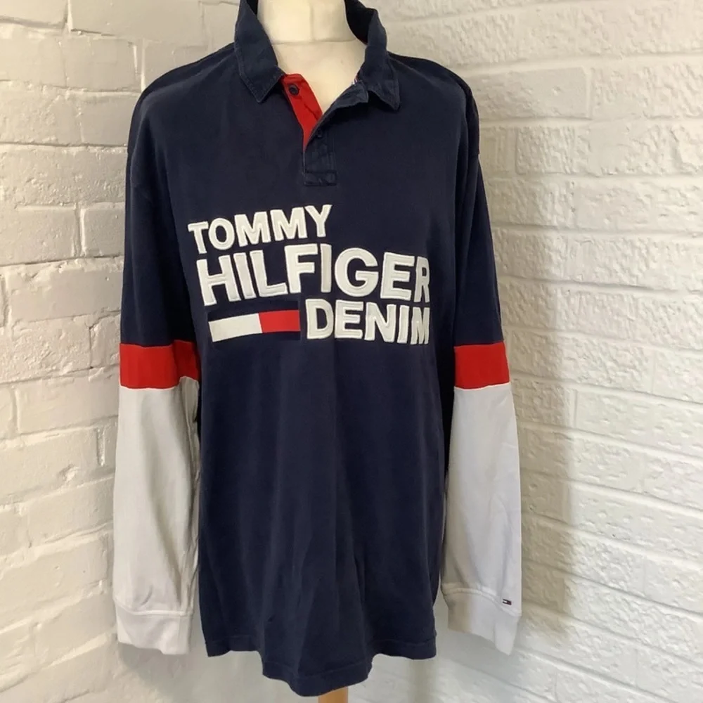 Vintage Tommy Hilfiger Spellout Rugby Shirt - Size 2xl x- P2P 27โ - Navy & White - Picture 1 of 8